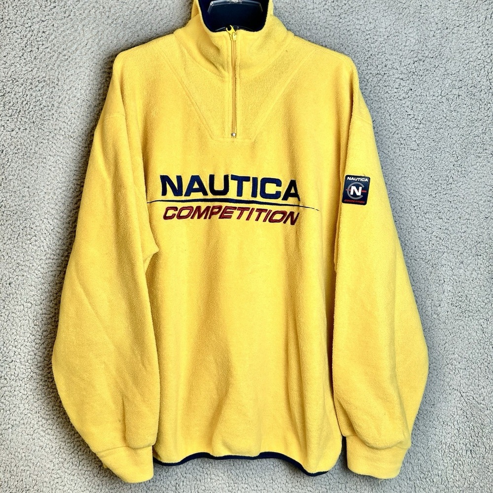 Vintage Nautica Competition 1/4 Zip Fleece Sweater Mens XL USA Made Yellow